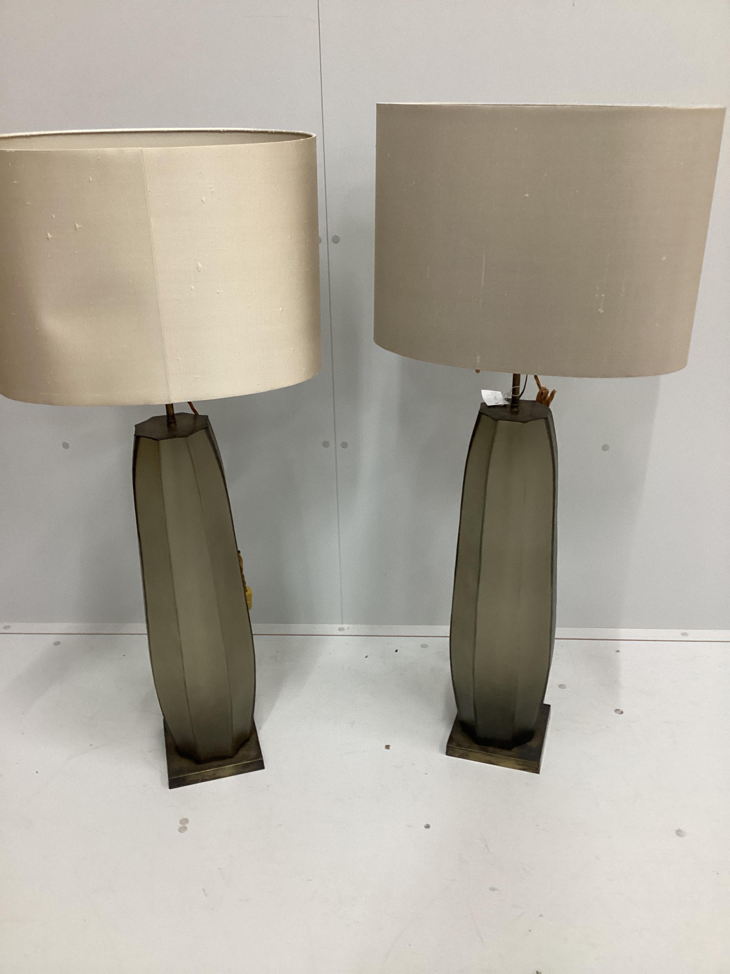 A pair of contemporary octagonal glass table lamps and shades, height including shades 113cm